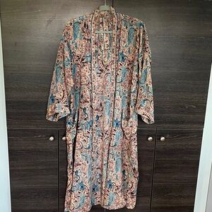 New #17 Poly-Silk Kimono Robe Made fr Indian Recycled Saris Turquoises Beige Red
